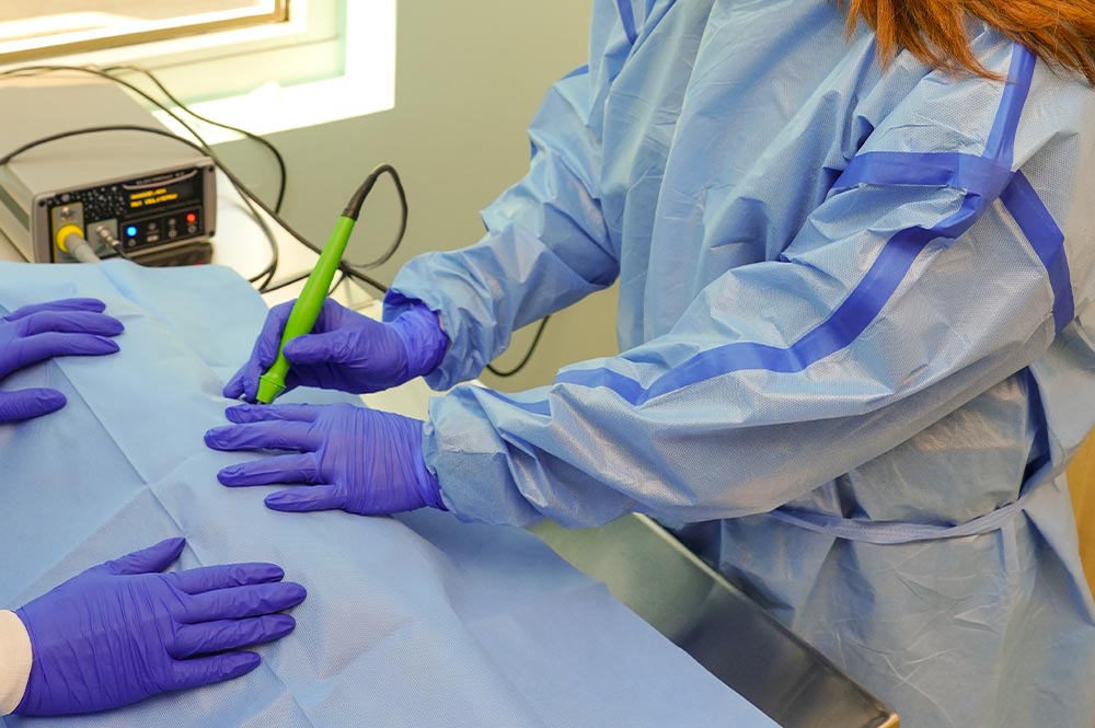 female veterinarian in in protective gear performing electrochemotherapy