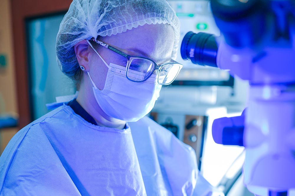 female veterinarian performing ophthalmology surgery in operating room