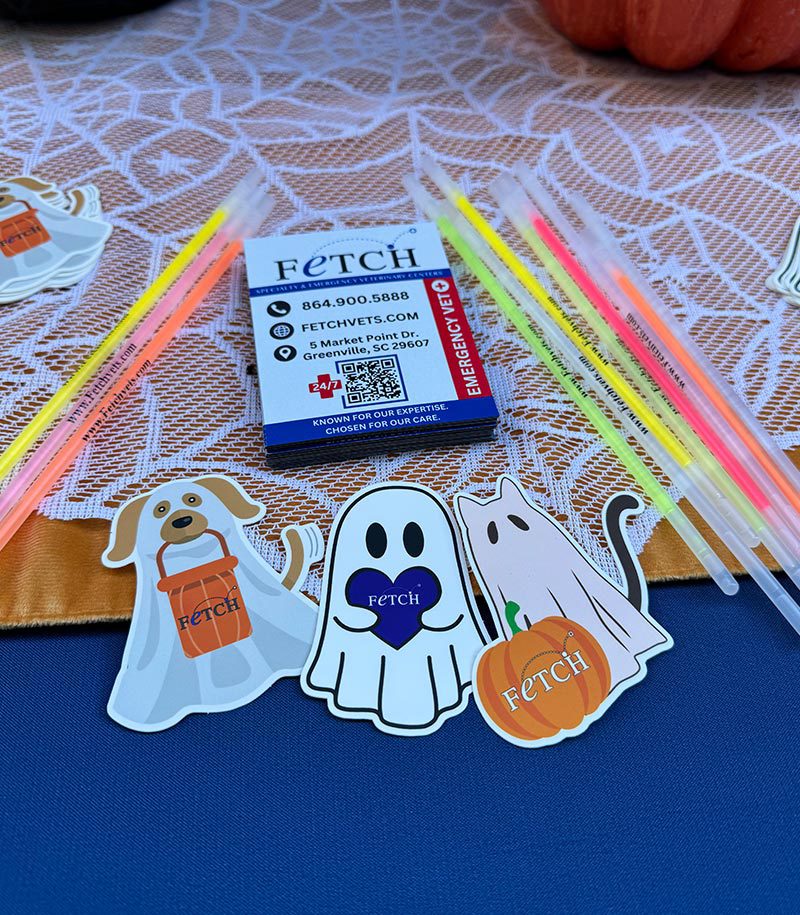 cute Halloween themed stickers with Fetch Vets logo on table with glowsticks and magnets