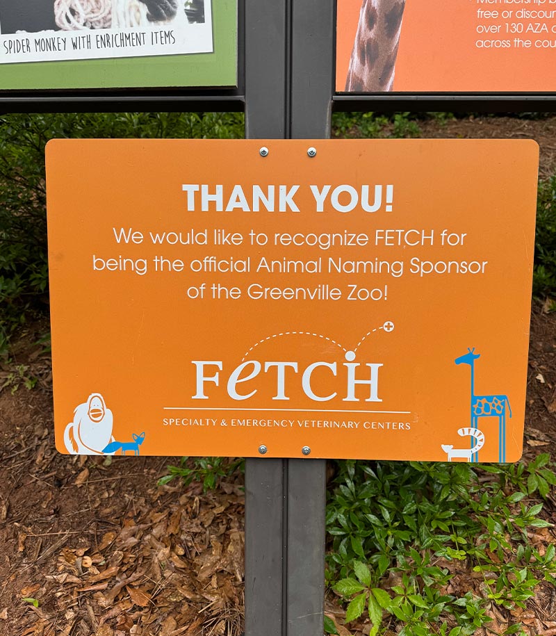 orange plaque thanking and recognizing Fetch Vets for being the official Animal Naming Sponsor of the Greenville Zoo