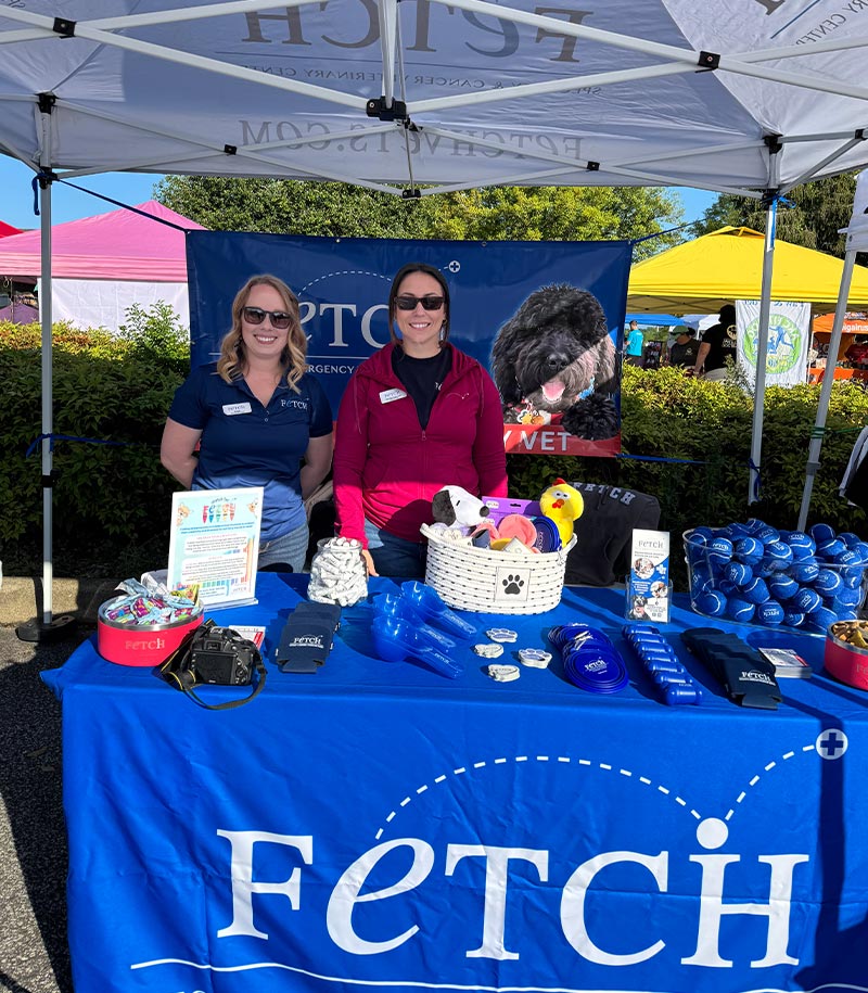 two female staff members posing behind Fetch Vets table display at Ultimutt