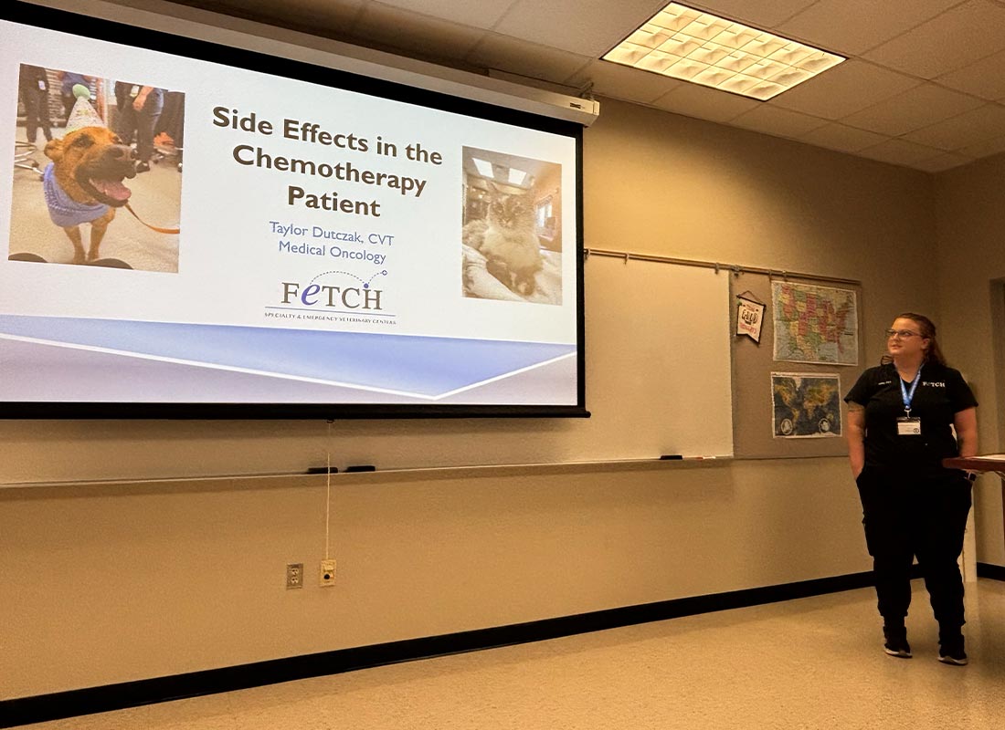 female staff member standing off to the side in front of large screen showing presentation title card that says "Side Effects in the Chemotherapy Patient" at 2025 FVTA Technician Conference